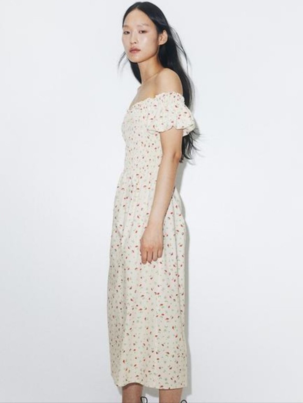 NWT H&M Cream Off Shoulder Red Floral Cream Midi Dress Cottagecore Butter Mom M
